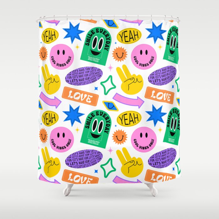 Retro funny sticker label cartoon pattern Shower Curtain Gallery Image 1