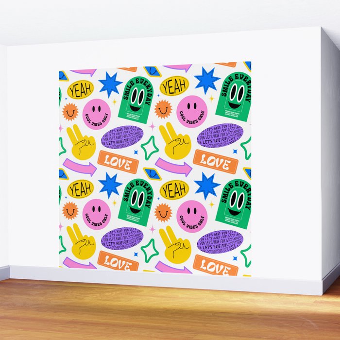 Retro funny sticker label cartoon pattern Wall Mural Gallery Image 2