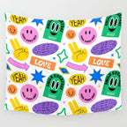 Retro funny sticker label cartoon pattern Wall Tapestry Gallery Image 4