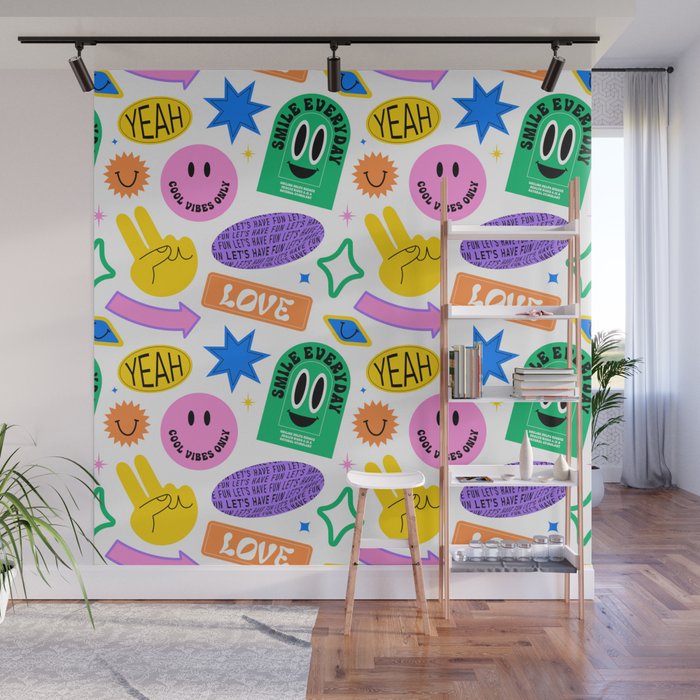Retro funny sticker label cartoon pattern Wall Mural Gallery Image 1