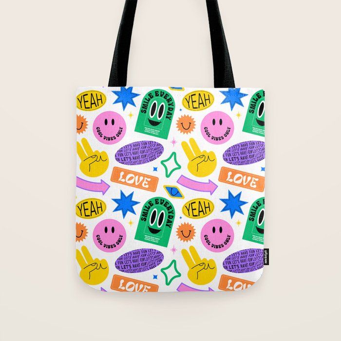 Retro funny sticker label cartoon pattern Tote Bag Gallery Image 1