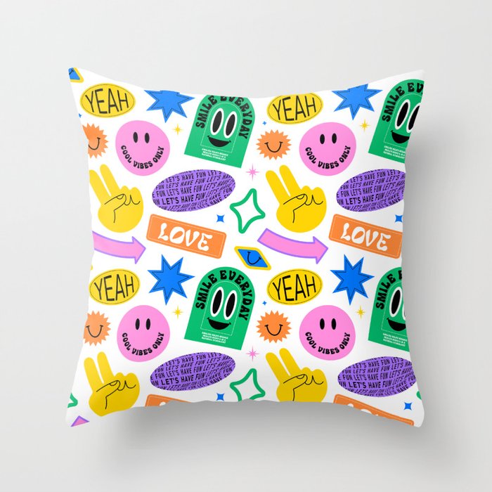 Retro funny sticker label cartoon pattern Throw Pillow Gallery Image 6