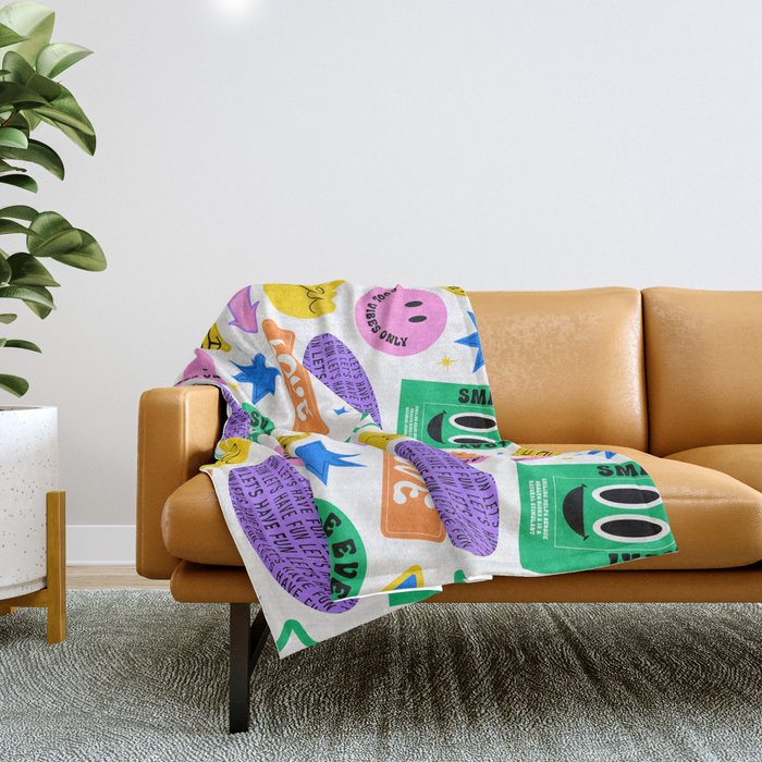 Retro funny sticker label cartoon pattern Throw Blanket Gallery Image 1