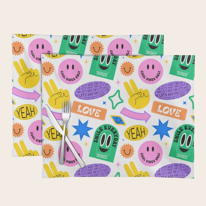 Retro funny sticker label cartoon pattern Placemat Gallery Image 1