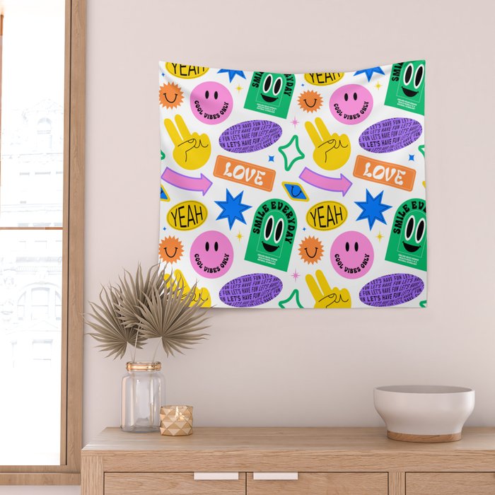 Retro funny sticker label cartoon pattern Wall Tapestry Gallery Image 2