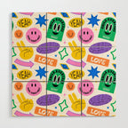 Retro funny sticker label cartoon pattern Wood Wall Art Gallery Image 1