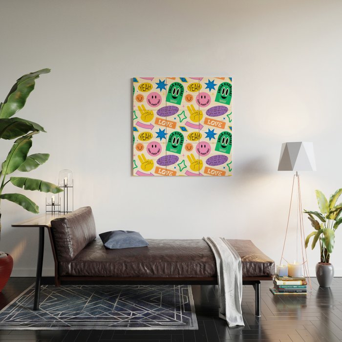Retro funny sticker label cartoon pattern Wood Wall Art Gallery Image 2