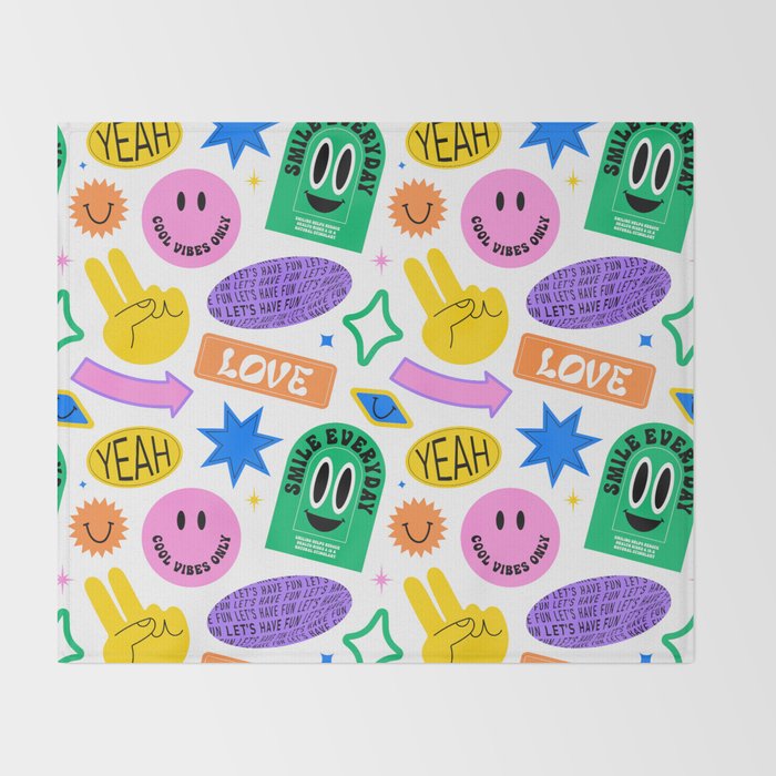 Retro funny sticker label cartoon pattern Throw Blanket Gallery Image 2