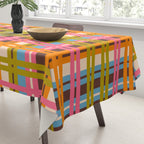 Eclectic Colorful Woven Stripes Retro Contemporary Pattern in Brown Lime Pink Orange Blue Tablecloth Gallery Image 3