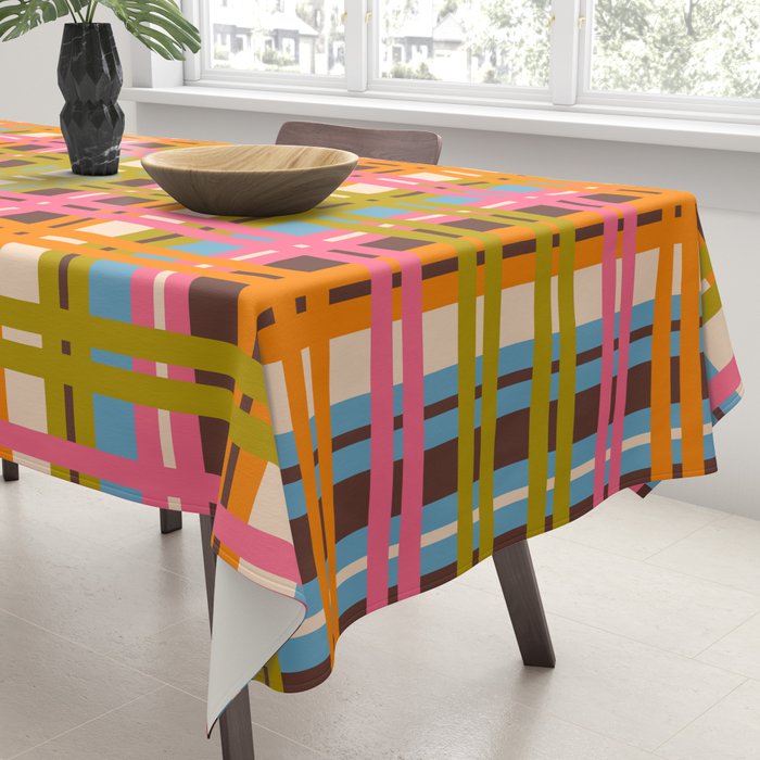 Eclectic Colorful Woven Stripes Retro Contemporary Pattern in Brown Lime Pink Orange Blue Tablecloth Gallery Image 3