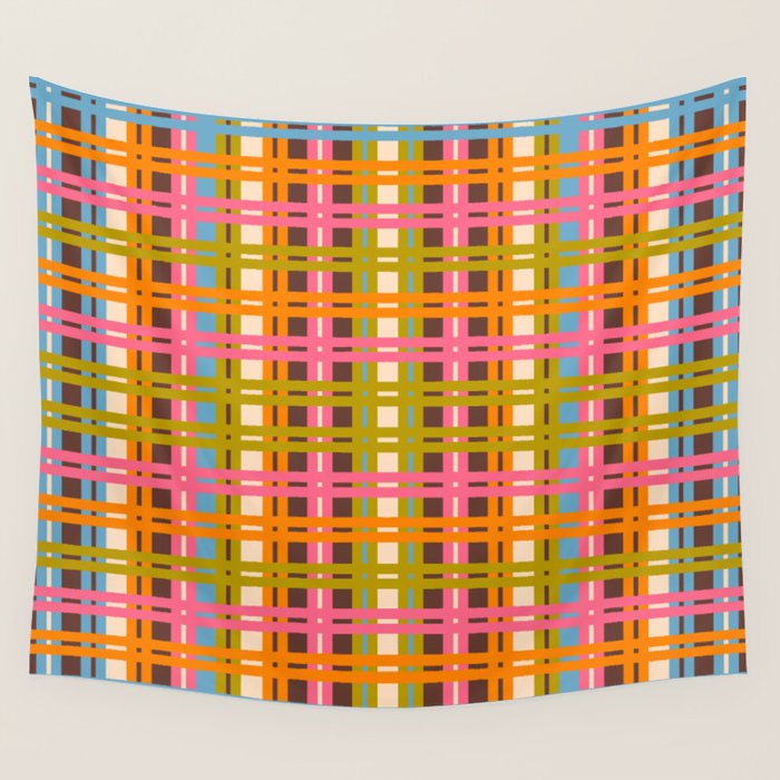 Eclectic Colorful Woven Stripes Retro Contemporary Pattern in Brown Lime Pink Orange Blue Wall Tapestry Gallery Image 4