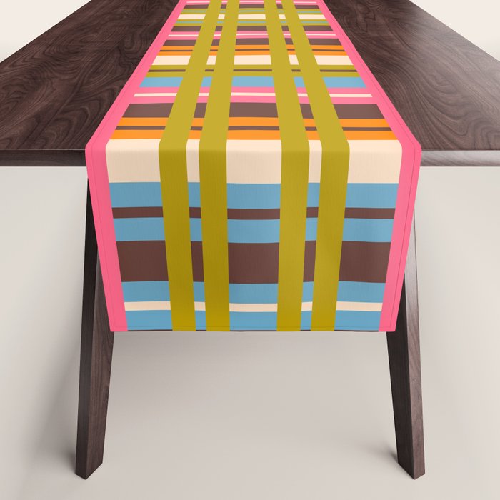 Eclectic Colorful Woven Stripes Retro Contemporary Pattern in Brown Lime Pink Orange Blue Table Runner Gallery Image 1