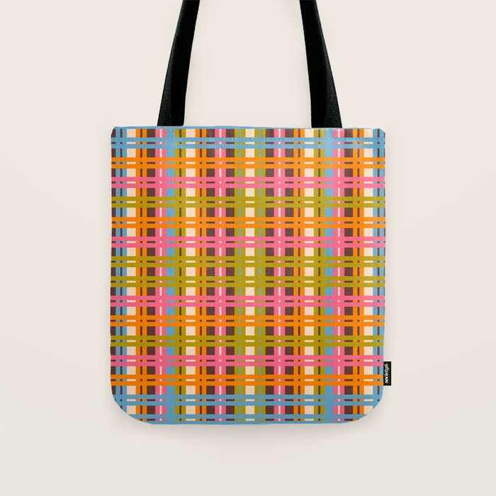 Eclectic Colorful Woven Stripes Retro Contemporary Pattern in Brown Lime Pink Orange Blue Tote Bag Gallery Image 1