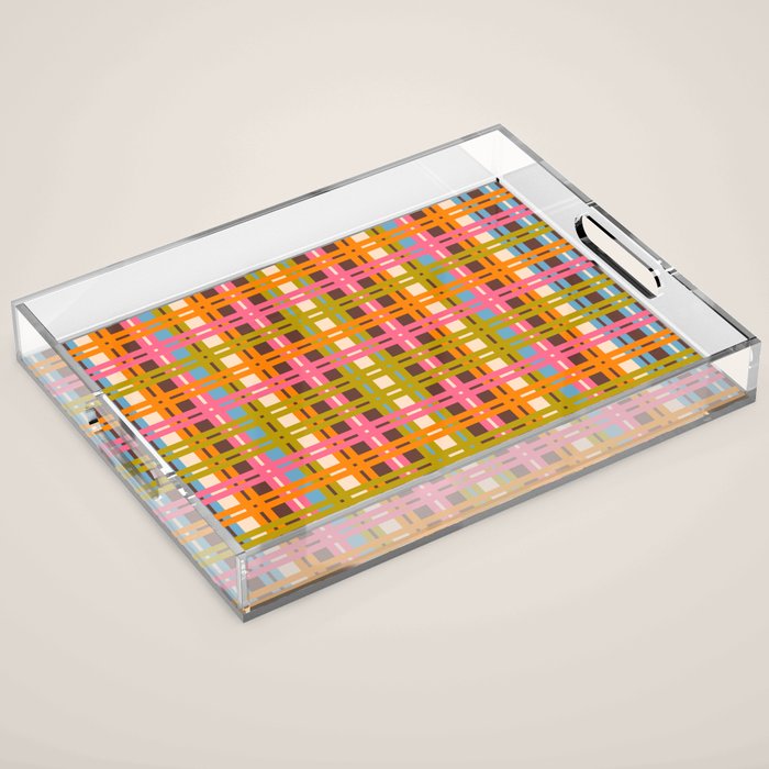 Eclectic Colorful Woven Stripes Retro Contemporary Pattern in Brown Lime Pink Orange Blue Acrylic Tray Gallery Image 1
