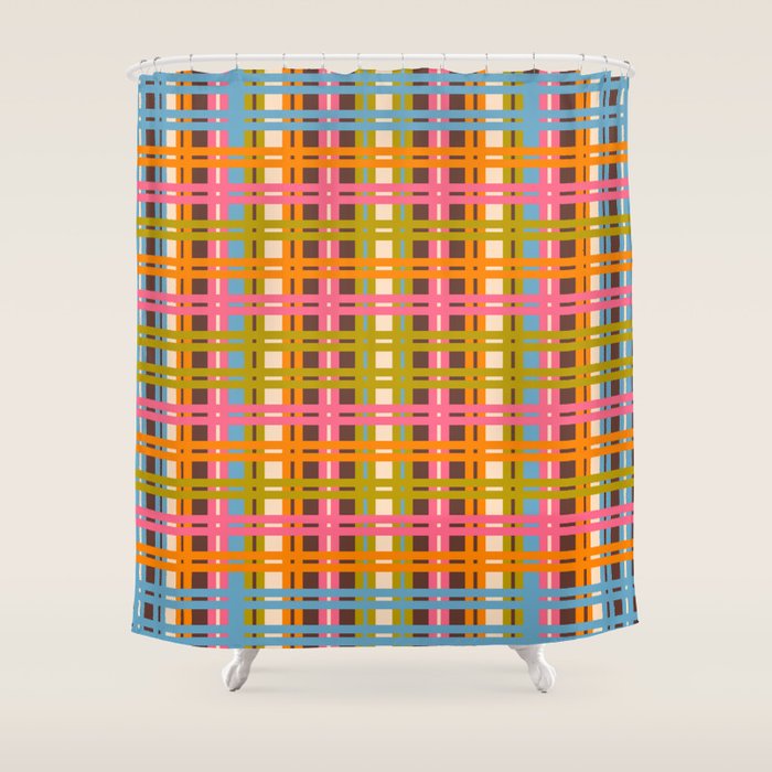 Eclectic Colorful Woven Stripes Retro Contemporary Pattern in Brown Lime Pink Orange Blue Shower Curtain Gallery Image 1