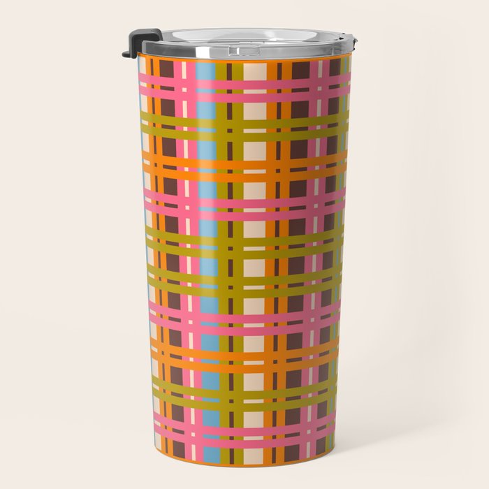 Eclectic Colorful Woven Stripes Retro Contemporary Pattern in Brown Lime Pink Orange Blue Travel Mug Gallery Image 3
