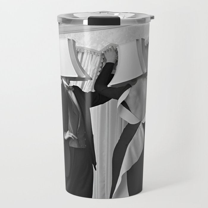 After party party animals; tipsy couple with lampshades on their heads funny humorous black and white vintage photograph - photograph - photographs Travel Mug