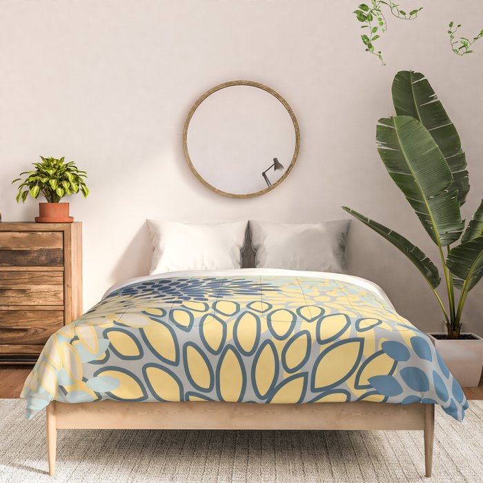 Modern, Abstract, Flower Garden, Blue, Yellow, Gray Comforter Gallery Image 3
