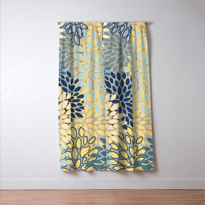 Modern, Abstract, Flower Garden, Blue, Yellow, Gray Window Curtain Gallery Image 3