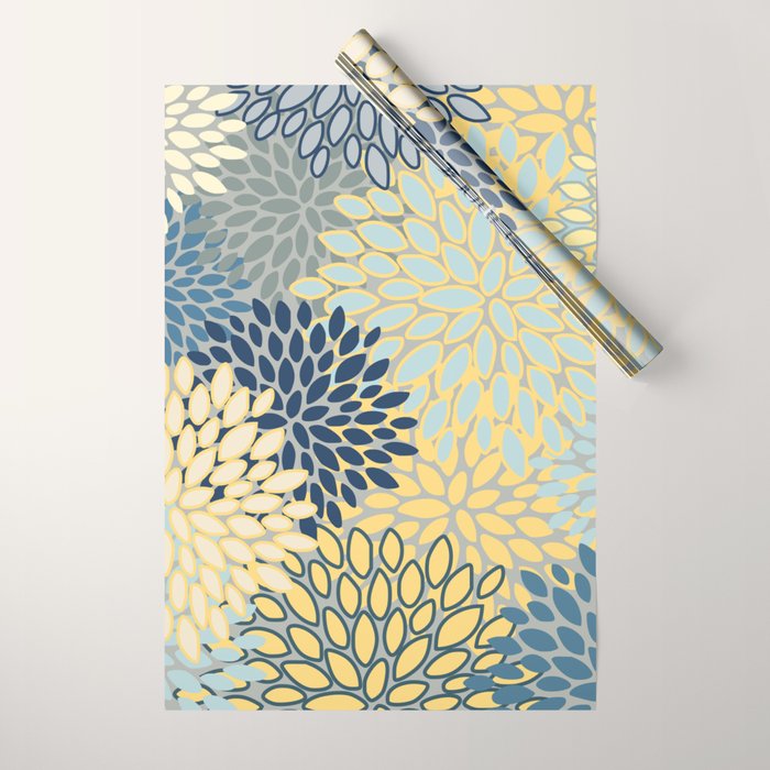 Modern, Abstract, Flower Garden, Blue, Yellow, Gray Wrapping Paper Gallery Image 1