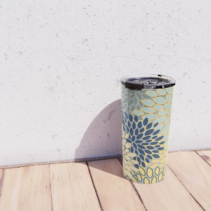 Modern, Abstract, Flower Garden, Blue, Yellow, Gray Travel Mug Gallery Image 4