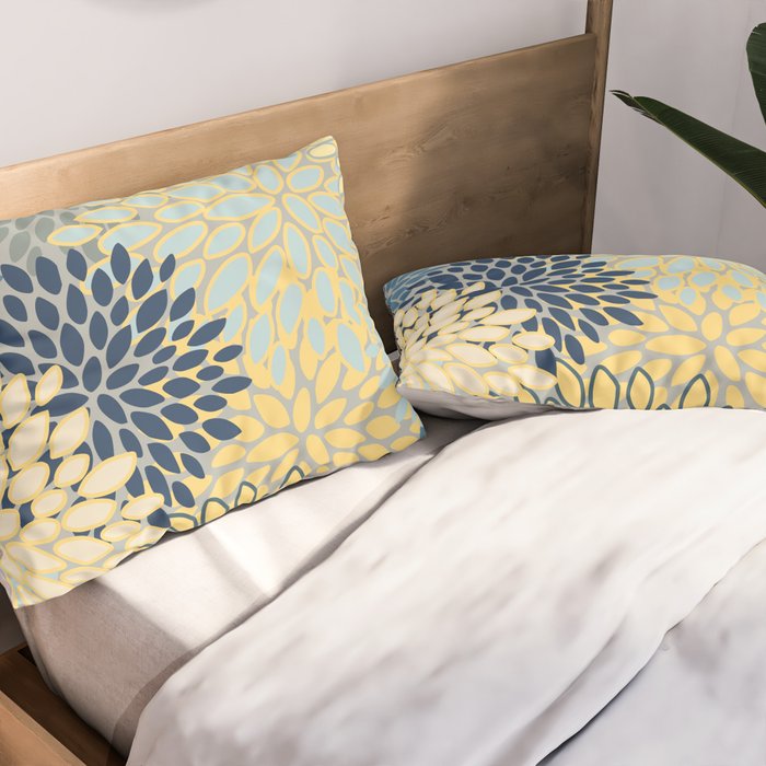 Modern, Abstract, Flower Garden, Blue, Yellow, Gray Pillow Sham Gallery Image 2