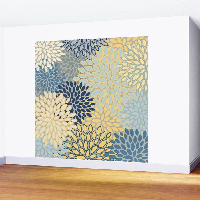 Modern, Abstract, Flower Garden, Blue, Yellow, Gray Wall Mural Gallery Image 2