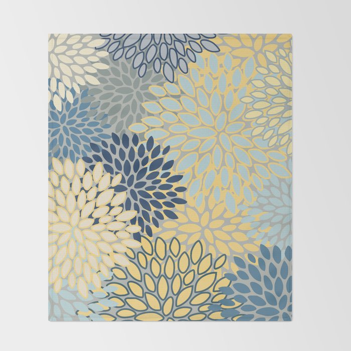 Modern, Abstract, Flower Garden, Blue, Yellow, Gray Throw Blanket Gallery Image 2