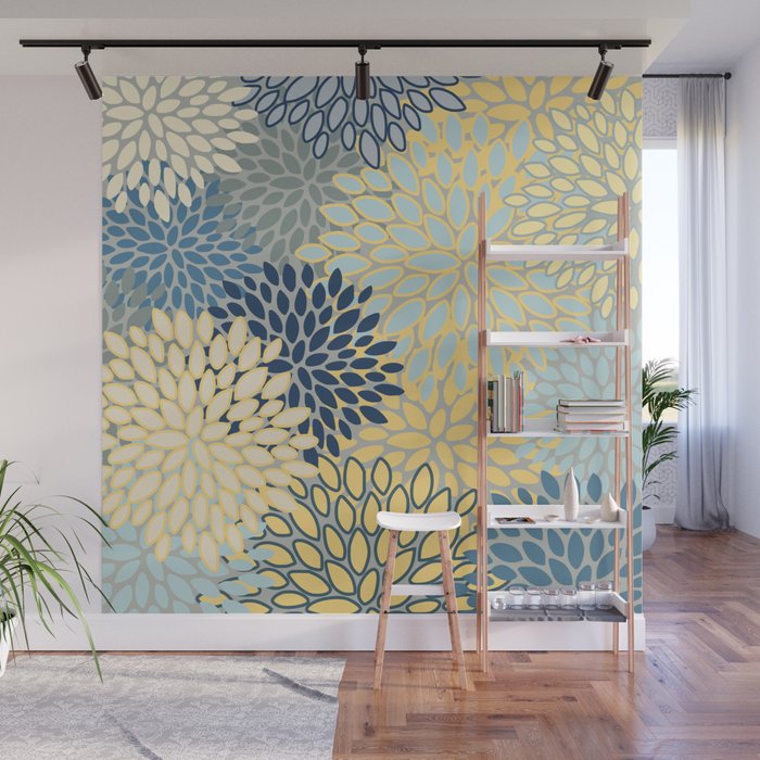 Modern, Abstract, Flower Garden, Blue, Yellow, Gray Wall Mural Gallery Image 1