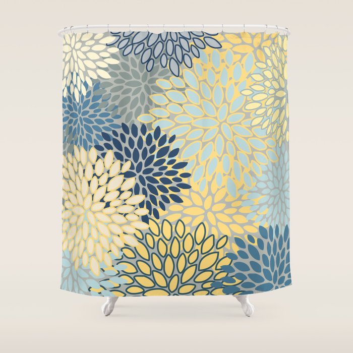 Modern, Abstract, Flower Garden, Blue, Yellow, Gray Shower Curtain Gallery Image 1