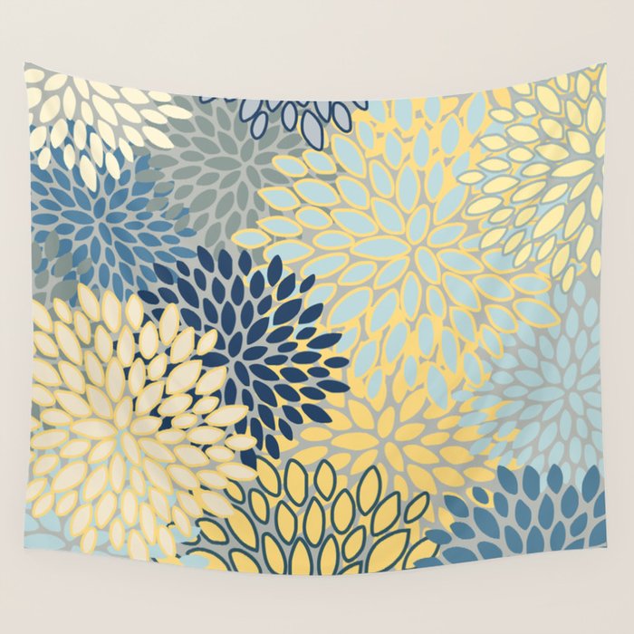 Modern, Abstract, Flower Garden, Blue, Yellow, Gray Wall Tapestry Gallery Image 4