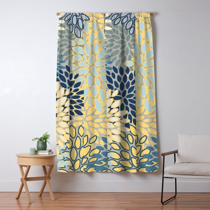 Modern, Abstract, Flower Garden, Blue, Yellow, Gray Window Curtain Gallery Image 5