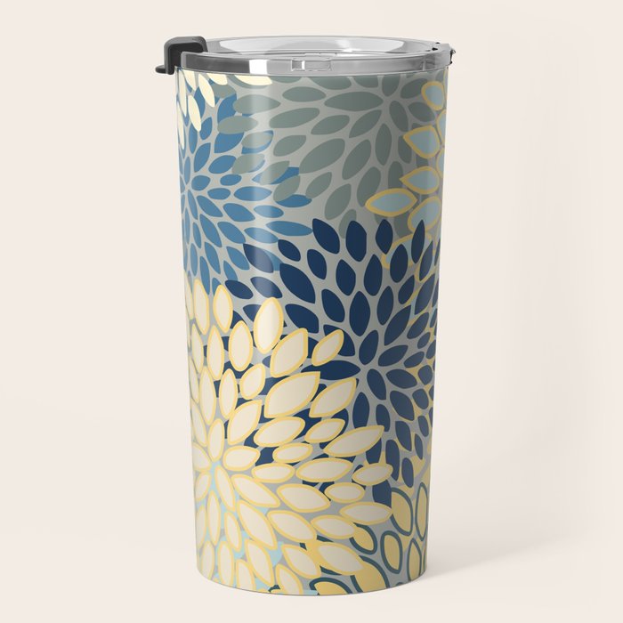 Modern, Abstract, Flower Garden, Blue, Yellow, Gray Travel Mug Gallery Image 3