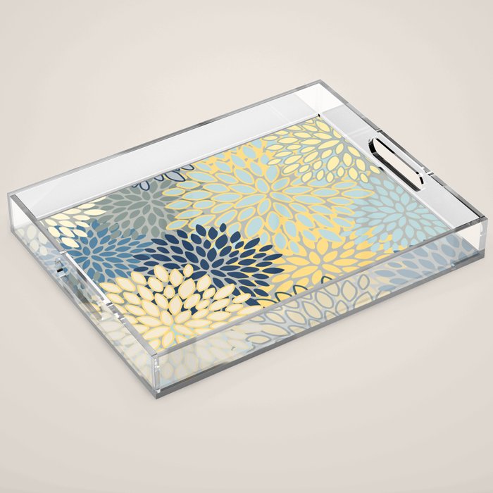 Modern, Abstract, Flower Garden, Blue, Yellow, Gray Acrylic Tray Gallery Image 1