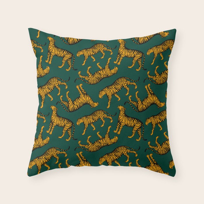 Tigers (Dark Green and Marigold) Throw Pillow Gallery Image 6