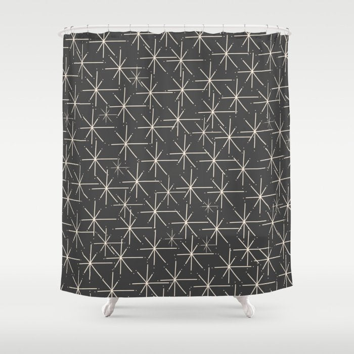 Stella - Atomic Age Mid Century Modern Pattern in Almond Cream and Charcoal Gray Shower Curtain Gallery Image 1