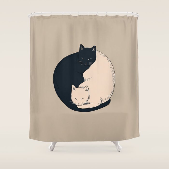 Yin Yang Cats Illustration Shower Curtain Gallery Image 1