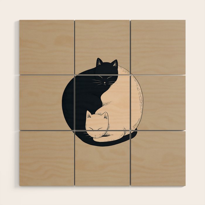 Yin Yang Cats Illustration Wood Wall Art Gallery Image 1
