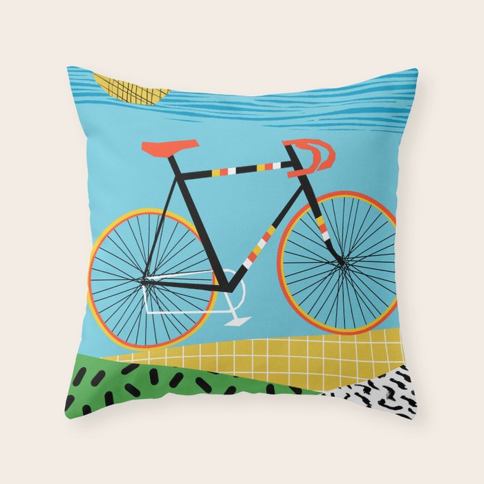 Roadie - peugeot px10, bicycle art print, cycling art, gifts for cyclists, memphis art print Throw Pillow Gallery Image 6