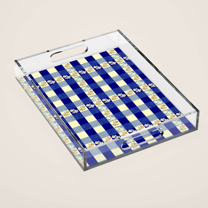 Vintage Blue Gingham with Flowers Acrylic Tray Gallery Image 1