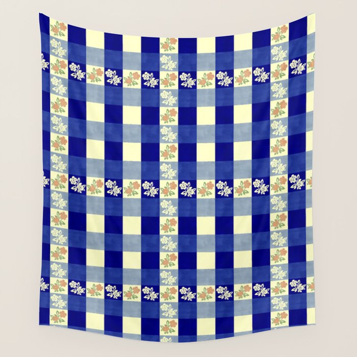 Vintage Blue Gingham with Flowers Wall Tapestry Gallery Image 4
