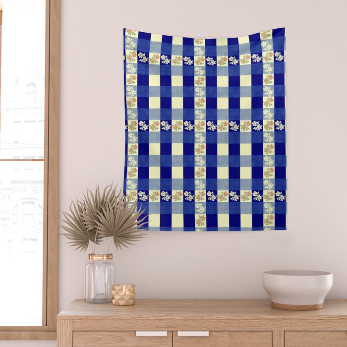 Vintage Blue Gingham with Flowers Wall Tapestry Gallery Image 2