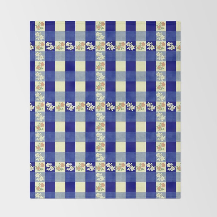 Vintage Blue Gingham with Flowers Throw Blanket Gallery Image 2