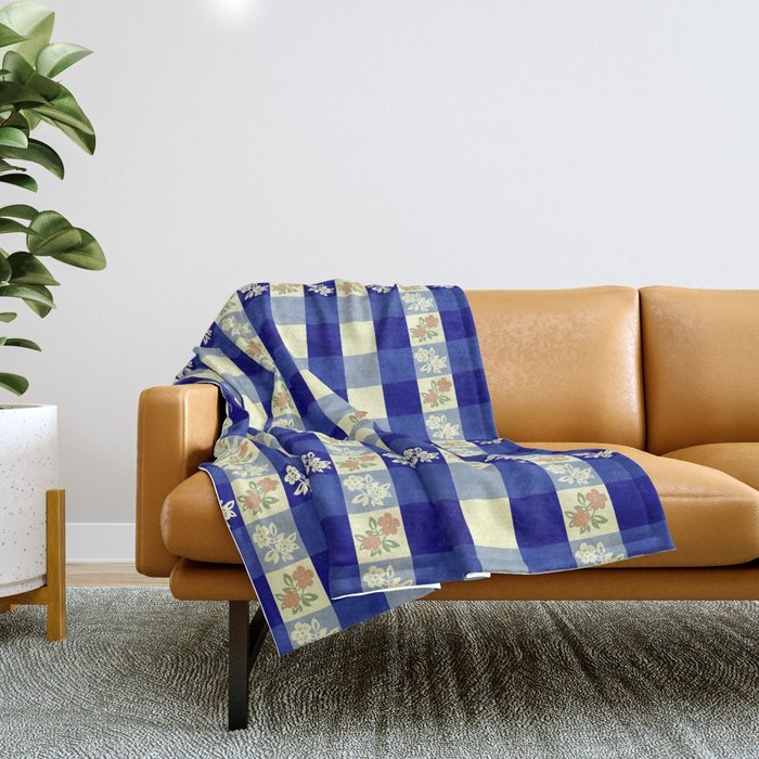 Vintage Blue Gingham with Flowers Throw Blanket Gallery Image 1
