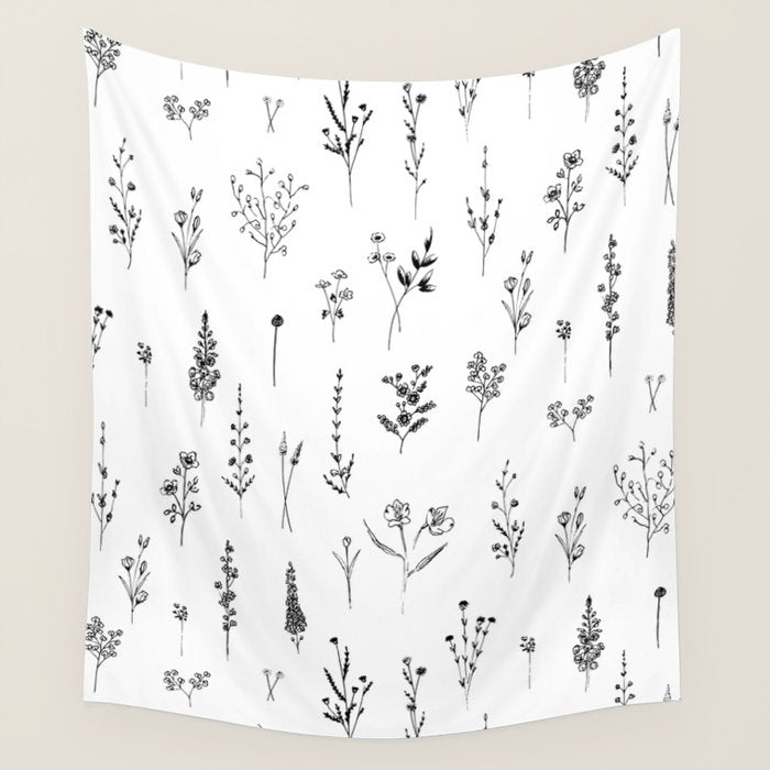 White Wildflowers Pattern Wall Tapestry Gallery Image 1