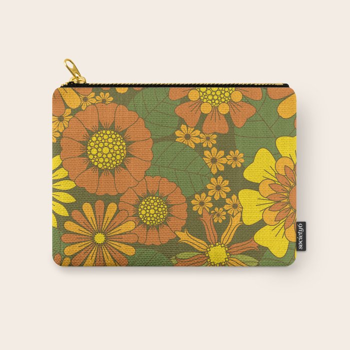 Orange, Brown, Yellow and Green Retro Daisy Pattern Carry All Pouch Gallery Image 1
