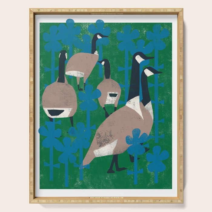 Geese in Flowers - Blue Serving Tray Gallery Image 1