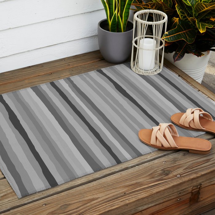 Gray Monochrome Serrate Minimal Stripes Pattern Outdoor Rug Gallery Image 2