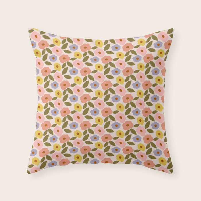 Muted Retro Ditsy Floral Pattern - Vintage Flowers Seamless Design Throw Pillow Gallery Image 6