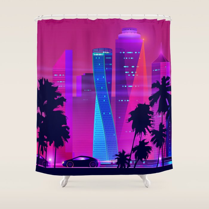 Synthwave Neon City #15: Vice city Shower Curtain Gallery Image 1